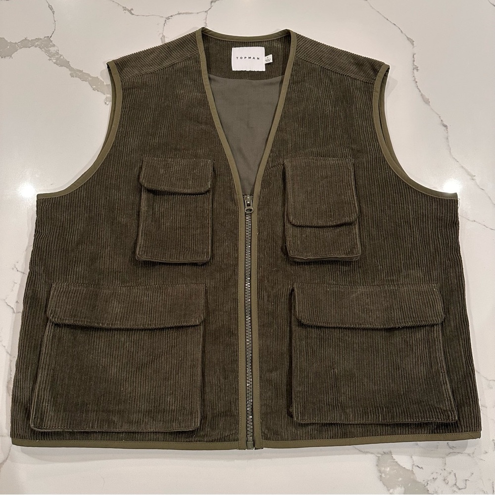Topman Corduroy Utility Vest Men L Khaki Army Green Zip Pockets Retro Streetwear